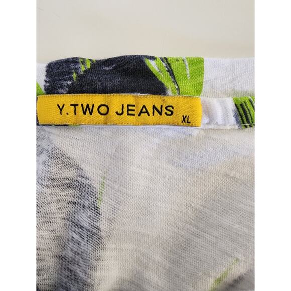 Y TWO JEANS Blue Green Tropical Palm Short Sleeve Cotton Top SZ XL - Picture 5 of 8